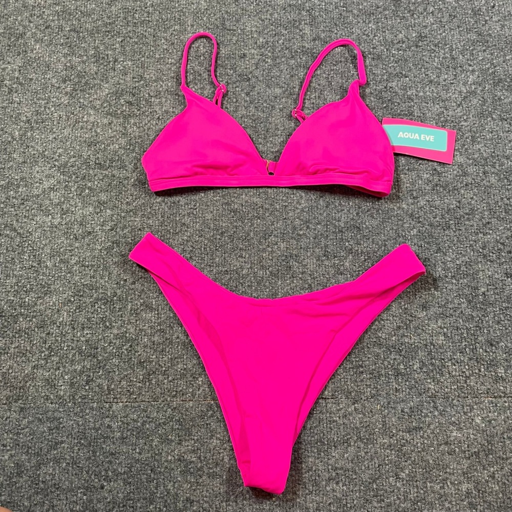 NWT Aqua Eve Triangle Bikini Set Small Pink Halter Tie Swimsuit Adustable Padded